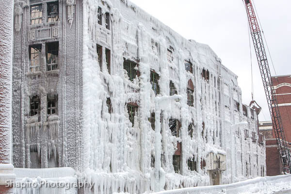 ice covered ruins of the building destroyed by a massive warehouse fire in Chicago 1-22-13